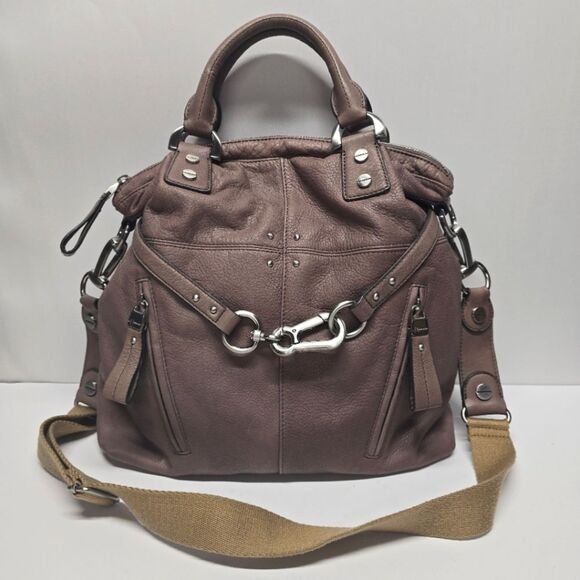 B. Makowsky Large Taupe Brown Leather Hobo Satchel Shoulder Crossbody Bag - Picture 1 of 8